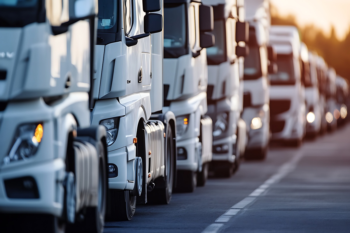 Long line of white semi trucks waiting at a truck stop. Logistics, transportation, and trucking industry concept