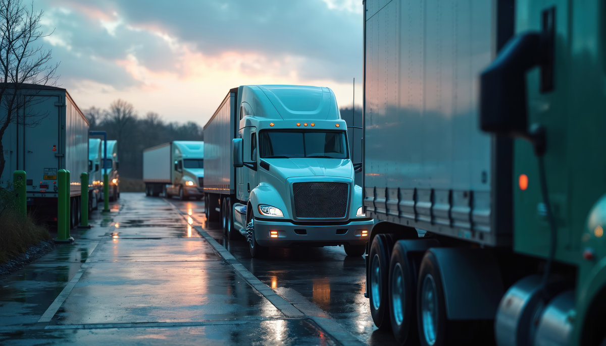 Trucks are parked at loading dock. Multiple semi trucks stand in a row. Transportation vehicle fleet at twilight. Concept of modern logistic and delivery industry. Freight transport on, wet pavement.