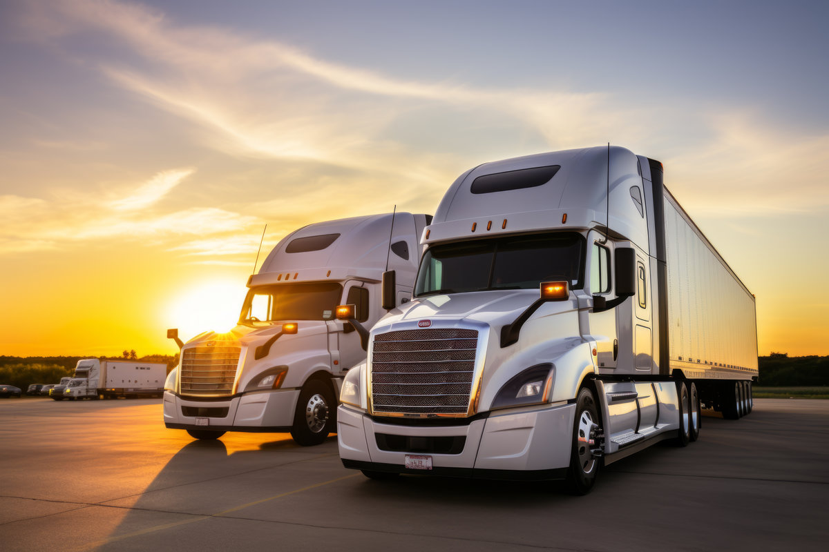 Logistic center cargo trucks transportation shipping lorry delivery freight semi-truck road carrier warehouse storage vehicle load shipment delivery container van fast transport commercial business. High quality photo