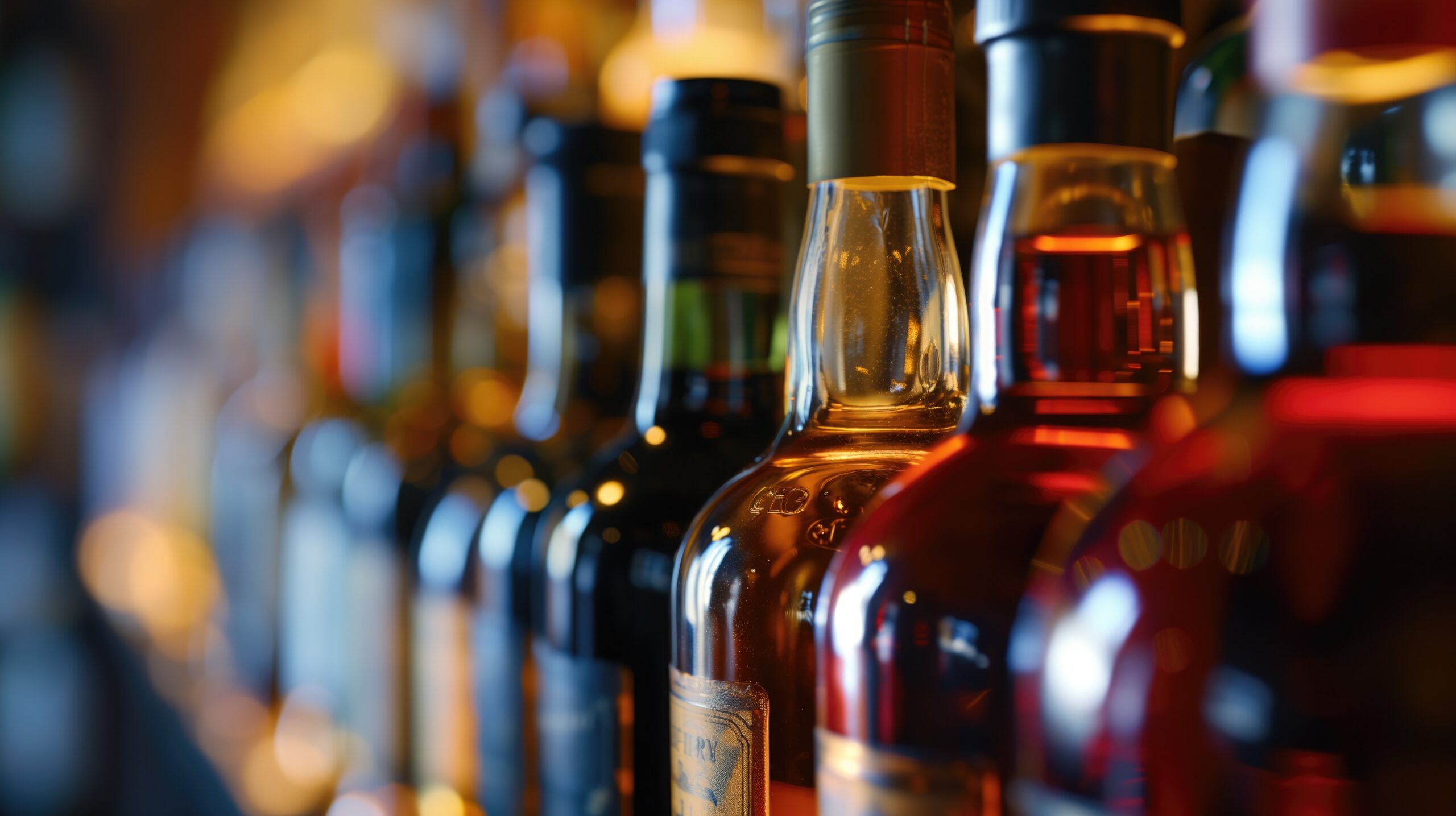 Assorted liquor bottles in a bar with focus on the foreground